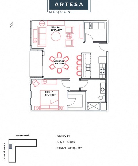 Floor plan for 1 bed, 1 bath, 994 sqft